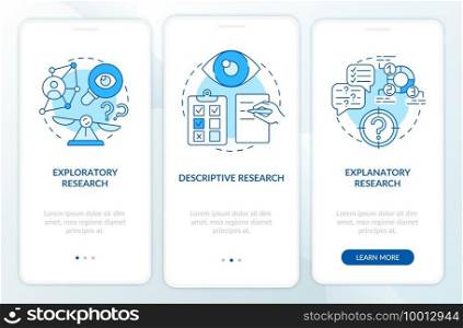 Types of scientific research onboarding mobile app page screen with concepts. Experimentation walkthrough 5 steps graphic instructions. UI vector template with RGB color illustrations. Types of scientific research onboarding mobile app page screen with concepts