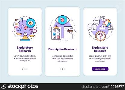 Types of scientific research onboarding mobile app page screen with concepts. Study and experiment walkthrough 3 steps graphic instructions. UI vector template with RGB color illustrations. Types of scientific research onboarding mobile app page screen with concepts