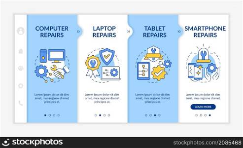 Types of services blue and white onboarding template. Repair and maintenance. Responsive mobile website with linear concept icons. Web page walkthrough 4 step screens. Lato-Bold, Regular fonts used. Types of services blue and white onboarding template