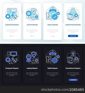 Types of services night and day mode onboarding mobile app screen. Walkthrough 4 steps graphic instructions pages with linear concepts. UI, UX, GUI template. Myriad Pro-Bold, Regular fonts used. Types of services night and day mode onboarding mobile app screen