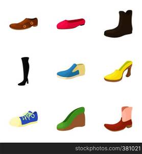 Types of shoes icons set. Cartoon illustration of 9 types of shoes vector icons for web. Types of shoes icons set, cartoon style