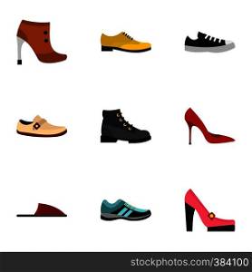 Types of shoes icons set. Flat illustration of 9 types of shoes vector icons for web. Types of shoes icons set, flat style