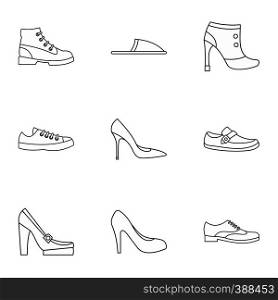 Types of shoes icons set. Outline illustration of 9 types of shoes vector icons for web. Types of shoes icons set, outline style