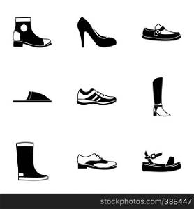 Types of shoes icons set. Simple illustration of 9 types of shoes vector icons for web. Types of shoes icons set, simple style