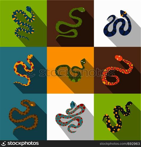 Types of snakes icons set. Flat set of 9 types of snakes vector icons for web with long shadow. Types of snakes icons set, flat style