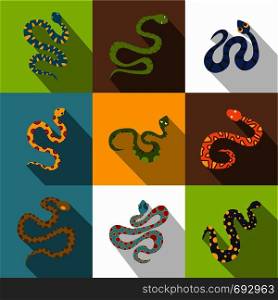 Types of snakes icons set. Flat set of 9 types of snakes vector icons for web with long shadow. Types of snakes icons set, flat style