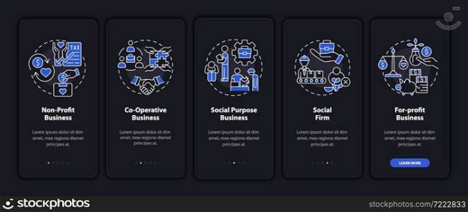 Types of social entrepreneurships dark onboarding mobile app page screen. Walkthrough 5 steps graphic instructions with concepts. UI, UX, GUI vector template with linear night mode illustrations. Types of social entrepreneurships dark onboarding mobile app page screen