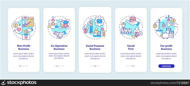 Types of social entrepreneurships onboarding mobile app page screen. Walkthrough 5 steps graphic instructions with concepts. UI, UX, GUI vector template with linear color illustrations. Types of social entrepreneurships onboarding mobile app page screen