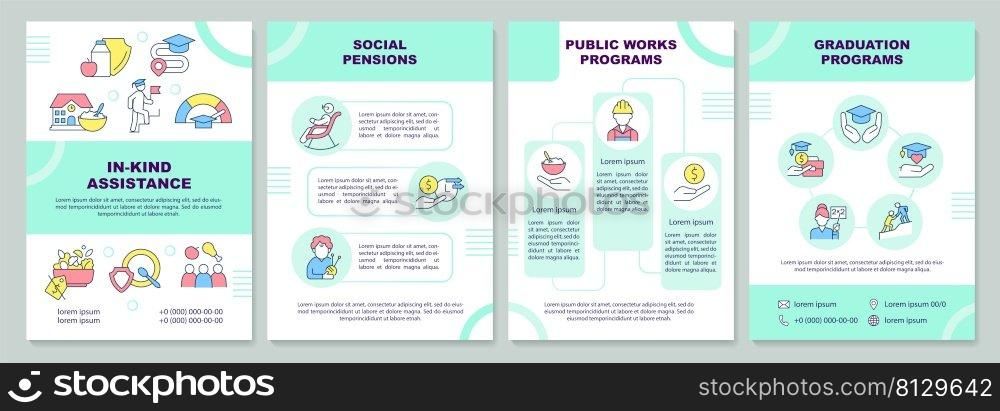 Types of social protection brochure template. Services. Leaflet design with linear icons. 4 vector layouts for presentation, annual reports. Arial-Black, Myriad Pro-Regular fonts used. Types of social protection brochure template