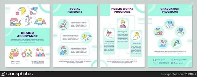 Types of social protection brochure template. Services. Leaflet design with linear icons. 4 vector layouts for presentation, annual reports. Arial-Black, Myriad Pro-Regular fonts used. Types of social protection brochure template
