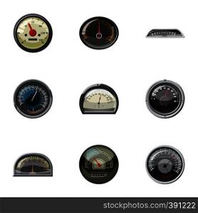 Types of speedometers icons set. Cartoon illustration of 9 types of speedometers vector icons for web. Types of speedometers icons set, cartoon style