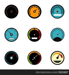 Types of speedometers icons set. Flat illustration of 9 types of speedometers vector icons for web. Types of speedometers icons set, flat style