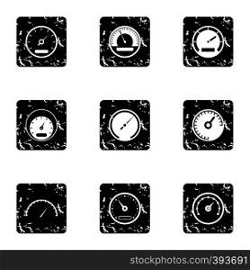 Types of speedometers icons set. Grunge illustration of 9 types of speedometers vector icons for web. Types of speedometers icons set, grunge style