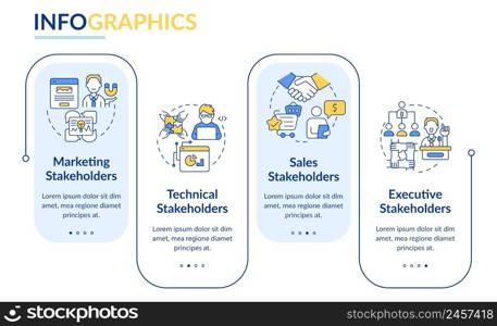 Types of stakeholders rectangle infographic template. Partnership. Data visualization with 4 steps. Process timeline info chart. Workflow layout with line icons. Lato-Bold, Regular fonts used. Types of stakeholders rectangle infographic template