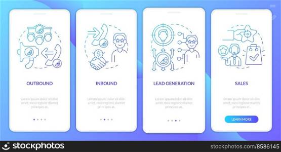 Types of telemarketing activities blue gradient onboarding mobile app screen. Walkthrough 4 steps graphic instructions with linear concepts. UI, UX, GUI template. Myriad Pro-Bold, Regular fonts used. Types of telemarketing activities blue gradient onboarding mobile app screen