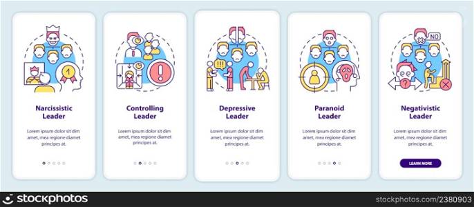 Types of toxic leaders onboarding mobile app screen. Abusive boss. Walkthrough 5 steps graphic instructions pages with linear concepts. UI, UX, GUI template. Myriad Pro-Bold, Regular fonts used. Types of toxic leaders onboarding mobile app screen