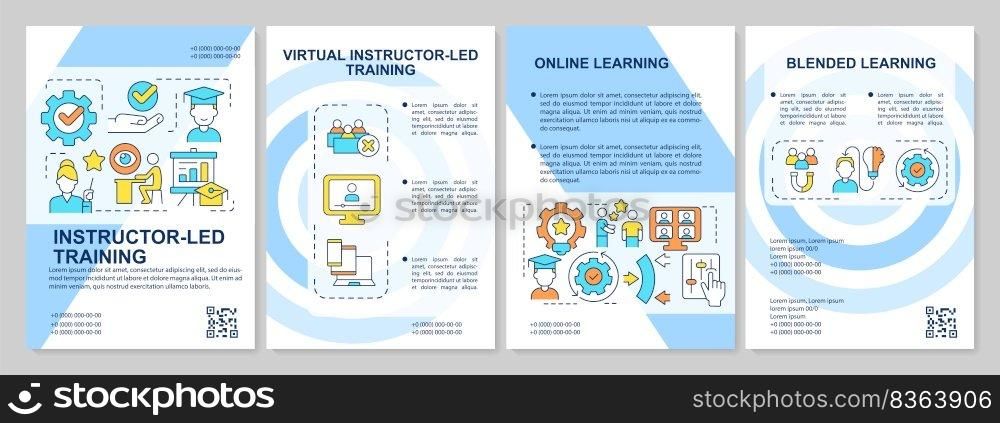 Types of training programs blue brochure template. Online learning. Leaflet design with linear icons. Editable 4 vector layouts for presentation, annual reports. Arial, Myriad Pro-Regular fonts used. Types of training programs blue brochure template