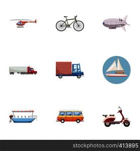 Types of transport icons set. Cartoon illustration of 9 types of transport vector icons for web. Types of transport icons set, cartoon style