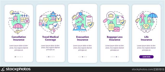 Types of travel insurance onboarding mobile app screen. Tourist coverage walkthrough 5 steps graphic instructions pages with linear concepts. UI, UX, GUI template. Myriad Pro-Bold, Regular fonts used. Types of travel insurance onboarding mobile app screen