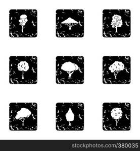 Types of trees icons set. Grunge illustration of 9 types of trees vector icons for web. Types of trees icons set, grunge style