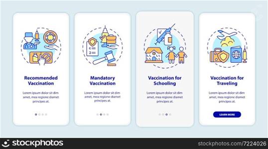 Types of vaccination onboarding mobile app page screen. Recommended vaccines walkthrough 4 steps graphic instructions with concepts. UI, UX, GUI vector template with linear color illustrations. Types of vaccination onboarding mobile app page screen
