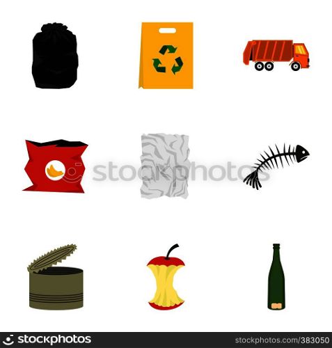 Types of waste icons set. Flat illustration of 9 types of waste vector icons for web. Types of waste icons set, flat style