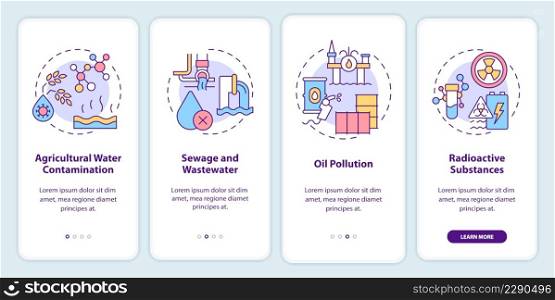 Types of water contamination onboarding mobile app screen. Oil pollution walkthrough 4 steps graphic instructions pages with linear concepts. UI, UX, GUI template. Myriad Pro-Bold, Regular fonts used. Types of water contamination onboarding mobile app screen