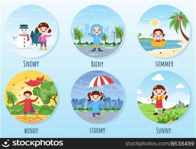Types of Weather Conditions with Sunny, Cloudy, Windy, Rainy, Snow and Stormy in Template Hand Drawn Cartoon Flat Illustration