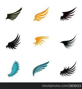 Types of wings icons set. Flat illustration of 9 types of wings vector icons for web. Types of wings icons set, flat style