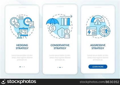 Types of working capital strategies blue onboarding mobile app screen. Walkthrough 3 steps editable graphic instructions with linear concepts. UI, UX, GUI template. Myriad Pro-Bold, Regular fonts used. Types of working capital strategies blue onboarding mobile app screen