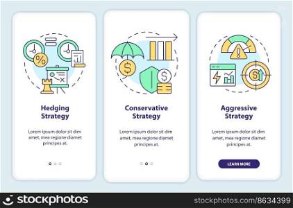 Types of working capital strategies onboarding mobile app screen. Walkthrough 3 steps editable graphic instructions with linear concepts. UI, UX, GUI template. Myriad Pro-Bold, Regular fonts used. Types of working capital strategies onboarding mobile app screen