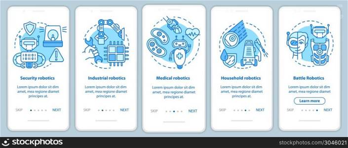Types robotics onboarding mobile app page screen vector template. Industrial, medical, battle robots. Walkthrough website steps with linear illustrations. UX, UI, GUI smartphone interface concept