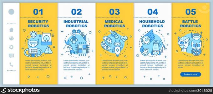 Types robotics onboarding mobile web pages vector template. Cybernetics. Responsive smartphone website interface idea with linear illustrations. Webpage walkthrough step screens. Color concept