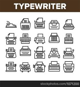 Typewriter Collection Elements Icons Set Vector Thin Line. Retro And Ancient Typewriter Machine For Writer Concept Linear Pictograms. Vintage Technology Monochrome Contour Illustrations. Typewriter Collection Elements Icons Set Vector