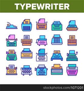 Typewriter Collection Elements Icons Set Vector Thin Line. Retro And Ancient Typewriter Machine For Writer Concept Linear Pictograms. Vintage Technology Color Illustrations. Typewriter Collection Elements Icons Set Vector