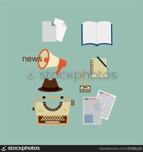 typewriter, hat, sheets of paper, a notebook, a newspaper journalist illustration