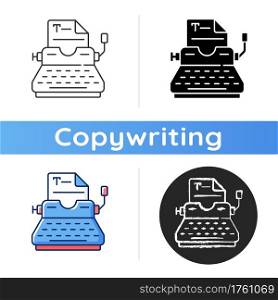 Typewriter icon. Copywriting services. Professional journalism. Printing sheets. Typing on keyboard. Publishing official papers. Linear black and RGB color styles. Isolated vector illustrations. Typewriter icon