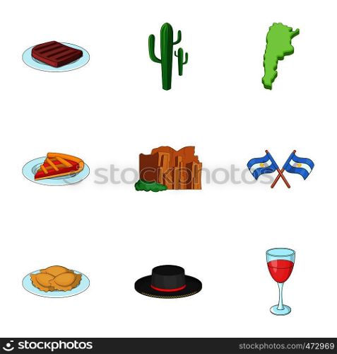 Typical Argentina icons set. Cartoon set of 9 typical Argentina vector icons for web isolated on white background. Typical Argentina icons set, cartoon style