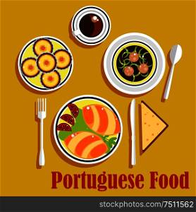 Typical portuguese national cuisine with stuffed bread empanadas, served with tomatoes and lettuce, green broth soup with sliced sausages, egg tarts with cup of coffee and wheat bread. Vector. Portuguese cuisine empanadas, egg tarts and coffee