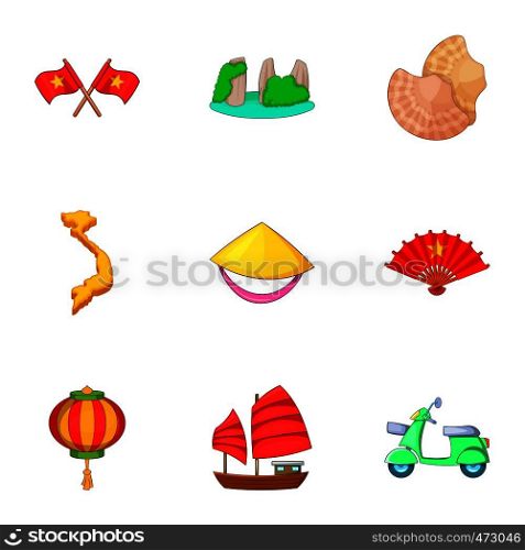 Typical Vietnam icons set. Cartoon set of 9 typical Vietnam vector icons for web isolated on white background. Typical Vietnam icons set, cartoon style