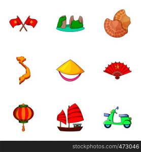 Typical Vietnam icons set. Cartoon set of 9 typical Vietnam vector icons for web isolated on white background. Typical Vietnam icons set, cartoon style