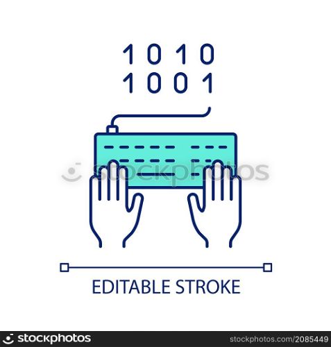 Typing binary code RGB color icon. Programming skills. Software development. Data encryption. Isolated vector illustration. Simple filled line drawing. Editable stroke. Arial font used. Typing binary code RGB color icon