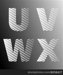 Typographic broken alphabet font template. Set of letters U, V, W, X logo or icon. Vector illustration.