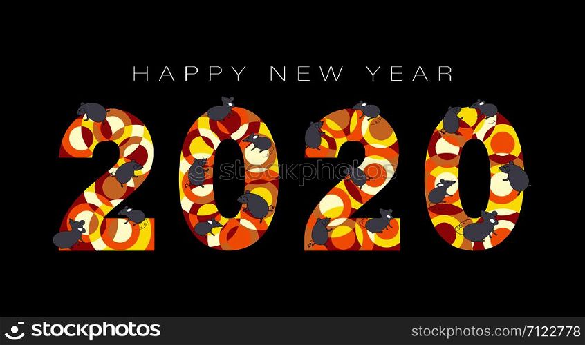Typography text 2020 font and rats in geometric style on black background, Creative design for Greeting Lettering. New Year of the rat symbol 2020, flyers, posters, banners and calendar,