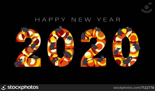 Typography text 2020 font and rats in geometric style on black background, Creative design for Greeting Lettering. New Year of the rat symbol 2020, flyers, posters, banners and calendar,