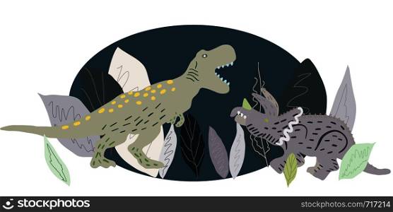 Tyrannosaurus and Triceratops dinosaur illustration character illustration. Cartoon characters isolated design element. T-shirt, poster, vector, greeting card vector design. Vector. Tyrannosaurus and Triceratops illustration