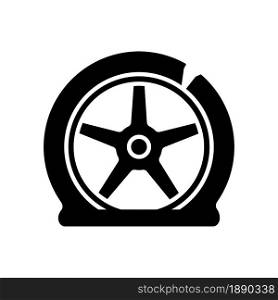 Tyre damage black glyph icon. Vehicle accident. Car tire defects. Bad road conditions. Defective equipment. Tire blowout risk. Silhouette symbol on white space. Vector isolated illustration. Tyre damage black glyph icon