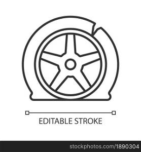 Tyre damage linear icon. Vehicle accident. Car tire defects. Bad road conditions. Tire blowout. Thin line customizable illustration. Contour symbol. Vector isolated outline drawing. Editable stroke. Tyre damage linear icon