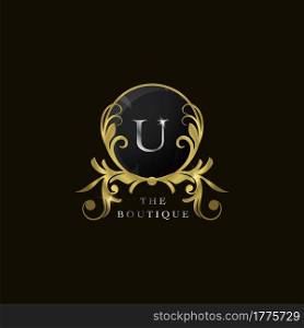 U Letter Golden Circle Shield Luxury Boutique Logo, vector design concept for initial, luxury business, hotel, wedding service, boutique, decoration and more brands.
