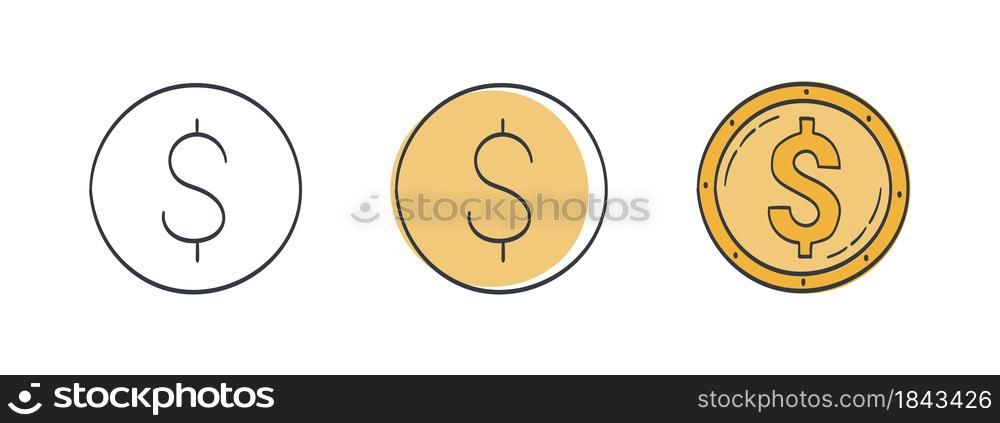U.S. dollar icons. Painted Dollar symbol. Currency symbols of the world. Vector illustration